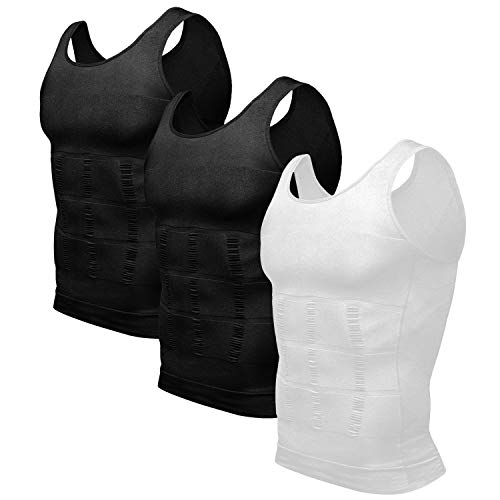 Odoland Men Compression Shirt 3 Pack Body Shaper Vest Tank Top - color: Black/Black/White, size: Large