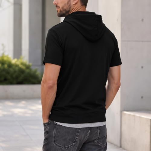 Ohoo Mens Slim Fit Zip up Hoodie Cotton Blend Soft Fabric Short Sleeve Lightweight Comfy Basic Jacket with Kanga Pocket - color: Dcf056-black, size: Small