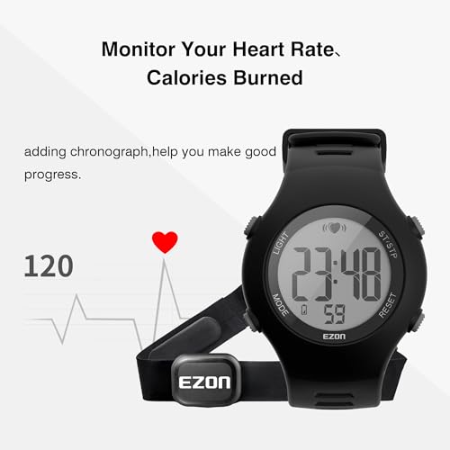 EZON Heart Rate Monitor Chest Strap and Digital Watch,5ATM Waterproof Fitness Tracker with HRM,Calories Burned,Stopwatch and Hourly Chime - Ideal Fitness Presents for Men and Women