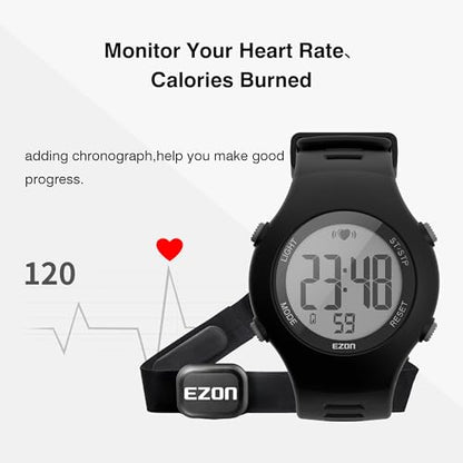 EZON Heart Rate Monitor Chest Strap and Digital Watch,5ATM Waterproof Fitness Tracker with HRM,Calories Burned,Stopwatch and Hourly Chime - Ideal Fitness Presents for Men and Women