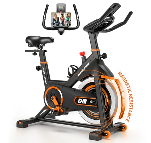DMASUN Exercise Bike, Silent Magnetic Resistance Stationary Bike for Home with 330 LBS Capacity, Pedals with Anti-loosening Nuts, Indoor Bike with Comfortable Seat Cushion, Digital Display - color: Orange Magnetic Plus
