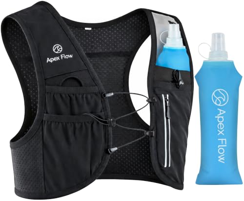 Apex Flow Running Vest for Men & Women, Adjustable Chest Straps, 9 Pockets Lightweight Reflective Hydration Vest with 500ml Soft Flask for Marathon - size: Medium