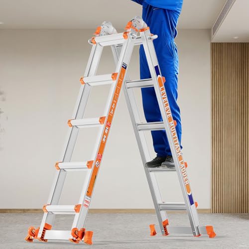 LEVELEVE 17FT Extension Ladder,A Frame 5 Step Ladder with Stabilizer Bar & Wheels,330 lbs Security Load Multi Position Ladder for Stairs Home Indoor Outdoor Roof - size: 5STEP