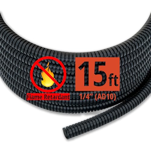 15ft - 1/4 inch (AD10) Flame Retardant Split Wire Loom Tubing - Sleeves for Electric Cables, Flexible Wire Covers Cord Protectors - Black - size: 15ft - 1/4inch
