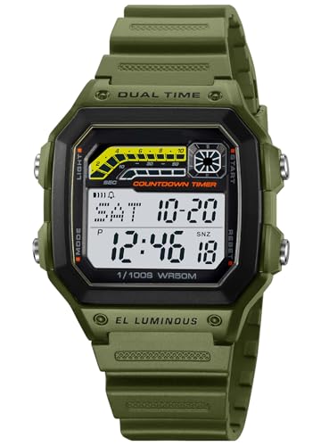PASOY Men's Digital Sport Watch Waterproof Dual Time Stopwatch Countdown - color: Green/Rubber Strap