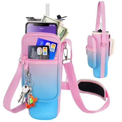 LEFOR·Z Water Bottle Carrier Bag with Phone Pocket Compatible with Stanley/Meoky 40 oz Tumbler with Handle,Water Bottle Holder Pouch with Adjustable Strap Compatible with Stanley Cup Accessories - color: Pink-Blue Gradient-Style B