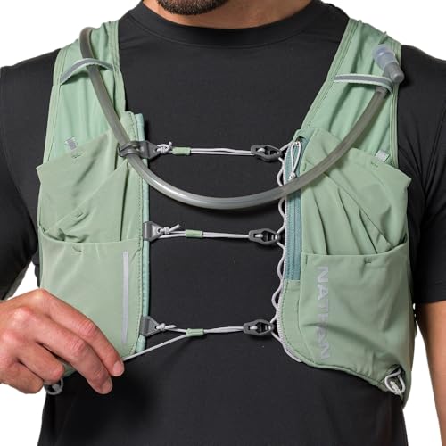 Nathan Hydration Vest 12L for Running & Hiking - Quick-Fit Adjustments, Breathable Mesh, 1.6L Insulated Bladder, Lightweight 8.8 oz, 6 Power Mesh Pockets, Diagonal Zip - Pinnacle Pro - size: Large, style: Sage Green
