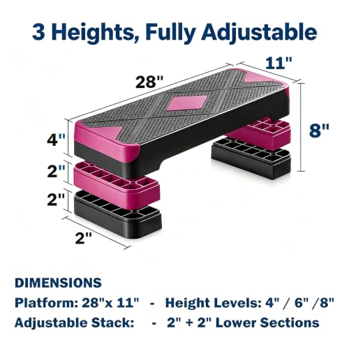 Aerobic Exercise Step Platform, 28-Inch Workout Aerobic Stepper, Height Adjustable Fitness Training Step Deck Trainer with 4 Risers, Non-Slip Surface Bench for Home Gym Cardio Strength 29" x 11.5" x 4" - color: Black-Red