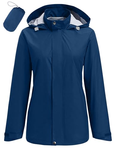 Women Waterproof Hooded Rain Jacket Lightweight Packable Trench Raincoat - color: Dark Blue, size: X-Large