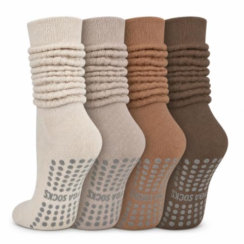 Pilates Socks with Grips for Women, Yoga Slouch Scrunch Socks - color: Brown