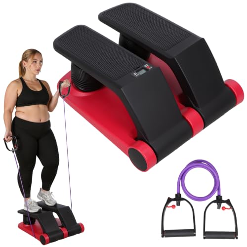Air Stepper with Resistance Bands, Adjustable Mini Stair Climber for Home Cardio Workout, LCD Monitor, Non-Slip Pedals, Compact Space Saving Design, 300lbs Capacity