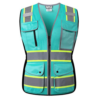 High Visibility Reflection Peacock Mesh Safety Vests with 9 Pockets and Front Zipper, hi vis safety vest for Women, Meets ANSI/ISEA Standards(Peacock-16,S) - color: Peacock, size: Small