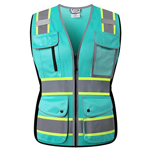 High Visibility Reflection Peacock Mesh Safety Vests with 9 Pockets and Front Zipper, hi vis safety vest for Women, Meets ANSI/ISEA Standards(Peacock-16,M) - color: Peacock, size: Medium