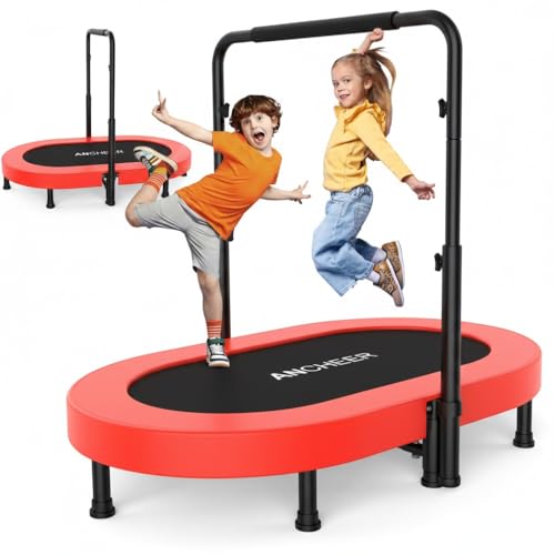 ANCHEER 56" Double Mini Trampoline for Kids, Mini Rebounder with 5-Level Adjustable Handle, Parent-Child Trampoline for Kids, Max Load 220lbs, Fun for Indoor/Outdoor - color: Red