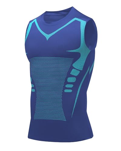 Compression Shirt Men Slimming Body Shaper Vest Crewneck Workout Tank Top - color: Blue, size: Small