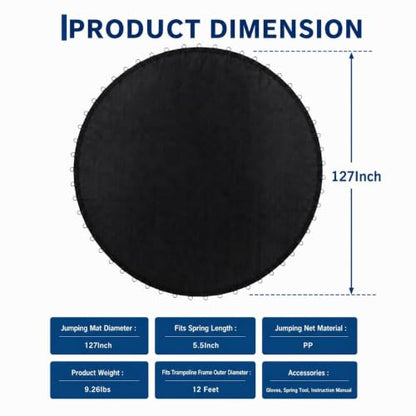 Garvee Trampoline Replacement Mat, Fits 12/14/15ft Round Frame with 72/96 V-Hooks, Fits 5.5" /7" Springs Premium Trampoline Mat w/Pull Hook and Gloves (Spring not Included)
