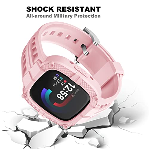 Compatible for Fitbit Versa 4/ Fitbit Sense 2 Bands Rugged Protective Case with TPU Sport Band Wristbands, Military Shockproof Bumper Case for Men Women, Pink - color: Pink