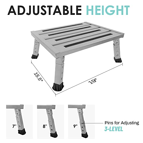 Adjustable RV Step Stool, Wide Platform, Foldable Legs, Silver - color: Silver