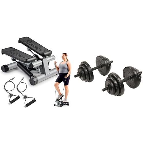 Sunny Health & Fitness Mini Stepper Machine, Stair Stepper Exercise Equipment with Resistance Bands for Home Workout + Exercise Vinyl 18 KG Dumbbell Set Hand Weights for Strength Training - NO.087