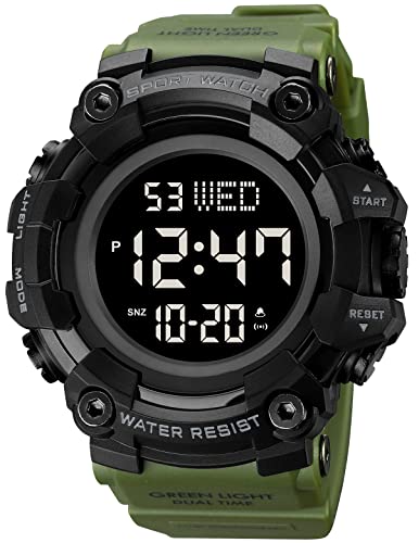 XCZAP Men's Black Digital Sports Watch, Large Face Military Tactical Watch, 5ATM Water Resistant, LED Backlight, Alarm, Stopwatch,Dual Time - color: Army Green