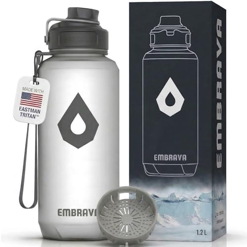 Embrava 40 oz Water Bottle - Large BPA Free Sports Bottle for Gym Hiking - Wide Mouth Leak Proof Fast Flow - Durable Reusable Tritan Plastic - Carry Ring - Sport Water Bottles for Men Women - color: White Frosted