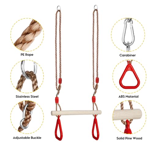 Trapeze Swing Bar with Rings, Wooden Trapeze Swing Bar for Indoor/Outdoor - color: Red