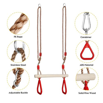 Trapeze Swing Bar with Rings, Wooden Trapeze Swing Bar for Indoor/Outdoor - color: Red
