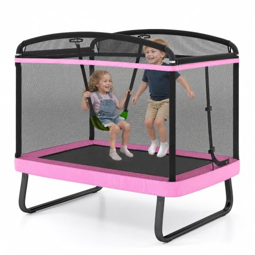 GYMAX Trampoline for Kids, 6FT Toddler Trampoline with Swing & Enclosure Safety Net, ASTM Approved Rectangle Recreational Trampoline for Indoor/Outdoor, Birthday for Baby Boys & Girls - color: Pink