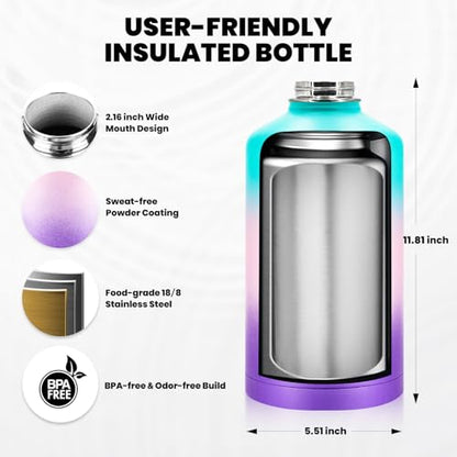 RAYMYLO One Gallon Water Bottle Insulated 128 oz, Stainless Steel - color: Green Pink Purple Gradient, size: 128 Ounces