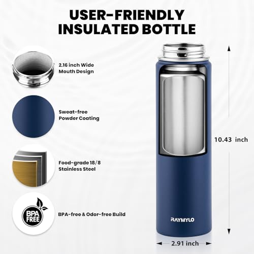 RAYMYLO Insulated Water Bottle 24 oz, Triple Wall Vacuum Stainless Steel - color: Dark Blue, size: 24 Ounces