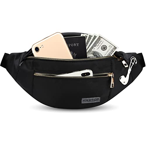 Fashion Cross body Fanny Pack Shoulder Bag for Women Men with Gold Zipper - color: Black(upgrade Fabric Gold Metal Zipper)