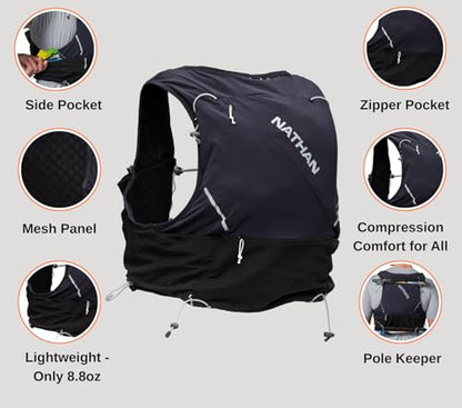 Nathan Hydration Vest 12L for Running & Hiking - Quick-Fit Adjustments, Breathable Mesh, 1.6L Insulated Bladder, Lightweight 8.8 oz, 6 Power Mesh Pockets, Diagonal Zip - Pinnacle Pro - size: X-Large, style: Black