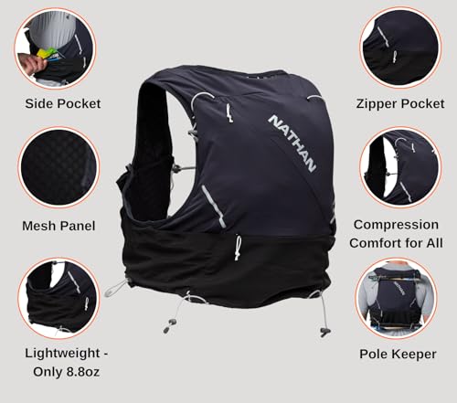 Nathan Hydration Vest 12L for Running & Hiking - Quick-Fit Adjustments, Breathable Mesh, 1.6L Insulated Bladder, Lightweight 8.8 oz, 6 Power Mesh Pockets, Diagonal Zip - Pinnacle Pro - size: Small, style: Black