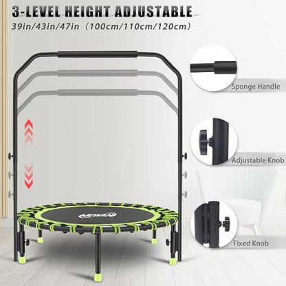 Newan 40" Silent Mini Trampoline with Adjustable Handle Bar Fitness Trampoline Bungee Rebounder Jumping Cardio Trainer Workout for Adults - Max Limit 330 lbs - color: Green