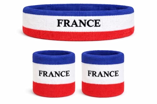 Suddora Country Headband & Wristbands Set (Includes 2 Wrist & 1 Head Sweatband), Highly Moisture Wicking - color: France