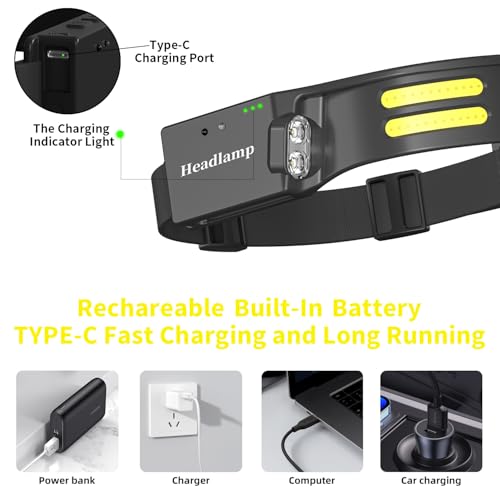 LED Headlamp, USB Rechargeable Head Lamp, 230° Wide Beam Motion Sensor Headlight, Super Bright Outdoor Waterproof Flashlight for Camping, Running, Repairing, Hiking, Fishing, Reading - size: Lamp 2-2
