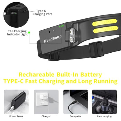 LED Headlamp, USB Rechargeable Head Lamp, 230° Wide Beam Motion Sensor Headlight, Super Bright Outdoor Waterproof Flashlight for Camping, Running, Repairing, Hiking, Fishing, Reading - size: Lamp 2-2