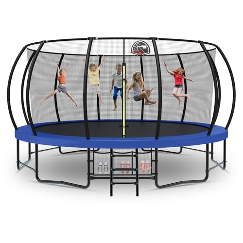 Tatub12 14 15 16FT Large Trampoline Outdoor for Kids, Basketball Hoop/Net - color: Blue, size: 16FT with Storage Bag