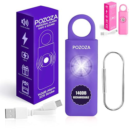 140dB Loudest USB-C Rechargeable Personal Alarm Keychain for Women – Low Battery Indicator, Strobe Light & Panic Button for Self Defense Weapons, Seniors & Travel Safety Essentials (Violet)