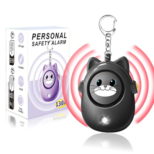 Personal Safety Alarm for Women by Women–Loud Siren, 130dB Loud Siren Keychain in a Variety of Colors, Cute Cat Design Security Device for Children, Elderly - color: Black