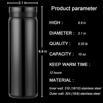 10oz Mini Water Bottle Stainless Steel Thermos Small Flask - Insulated Vacuum, Leak Proof, Keeps Drinks Hot/Cold - Ideal for Coffee, Tea, Water - Black - color: Black, size: 9.5 Ounces