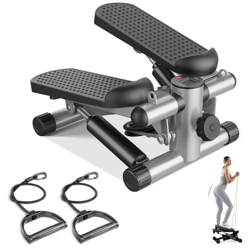 Sweetcrispy Mini Stair Stepper with Resistance Bands, Hydraulic Home Stepper Machine, 300 LBS Weight Capacity, Compact Cardio Equipment with LCD Monitor - color: Silver