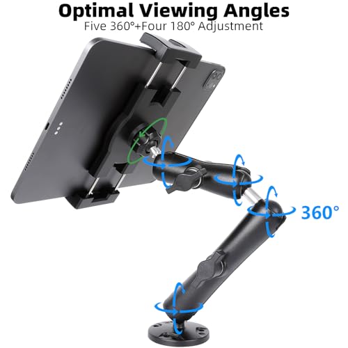 Dashboard Mount Tablet Holder for Truck, Heavy Duty Drill Base with Aluminum Arm Tablet Mount for Car, Wall, Boat, Desk, Compatible with iPad Pro Air Mini, 4.7-12.9″ Tablets and Phones (PTM-28)