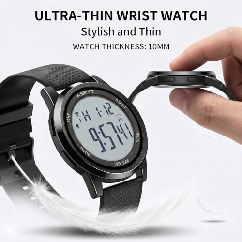 Men Digital Watch, Thin Running Sports Waterproof Outdoor LED Screen Large Face Black Wrist Watches with Back Light Alarm Date Stopwatch for Men Women Kids Boys
