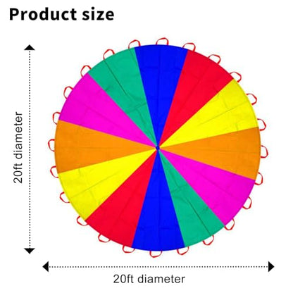 Parachute 13ft/ 16.4ft/ 20ft - Kids Play Gymnastics Parachute with Handles for Group Team Cooperative Games,Indoor Outdoor Gym Class Rainbow Parachute Birthday Church VBS Activity Supplies - size: 20ft