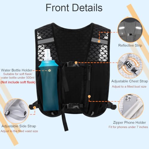 Running Vest Hydration Backpack for Men Women, Lightweight Breathable Hydration Packs, Adjustable Chest Straps Daypack, Reflective Water Running Vest for Marathon, Trail, Hiking, Cycling - color: Black