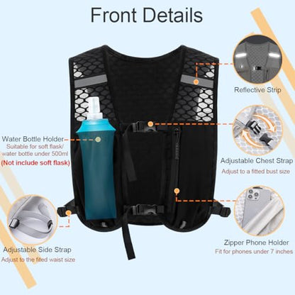 Running Vest Hydration Backpack for Men Women, Lightweight Breathable Hydration Packs, Adjustable Chest Straps Daypack, Reflective Water Running Vest for Marathon, Trail, Hiking, Cycling - color: Black