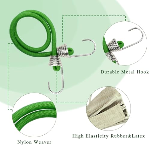50 Pack Small Bungee Cords with Hooks, 10" Elastic Straps for Outdoor Camping, Tents, Tarps, Bikes, RV, Luggage Roof Racks, Cargo, Green - size: 50pcs-10"