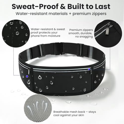 Slim Running Belt Fanny Pack for Men and Women – No-Bounce Waist Pack for Phone, Fits iPhone 17 Pro Max, Sweatproof 3-Pocket Pouch for Runners, Gym, Hiking (Black) - color: Black