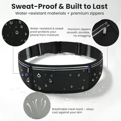 Slim Running Belt Fanny Pack for Men and Women – No-Bounce Waist Pack for Phone, Fits iPhone 17 Pro Max, Sweatproof 3-Pocket Pouch for Runners, Gym, Hiking (Black) - color: Black